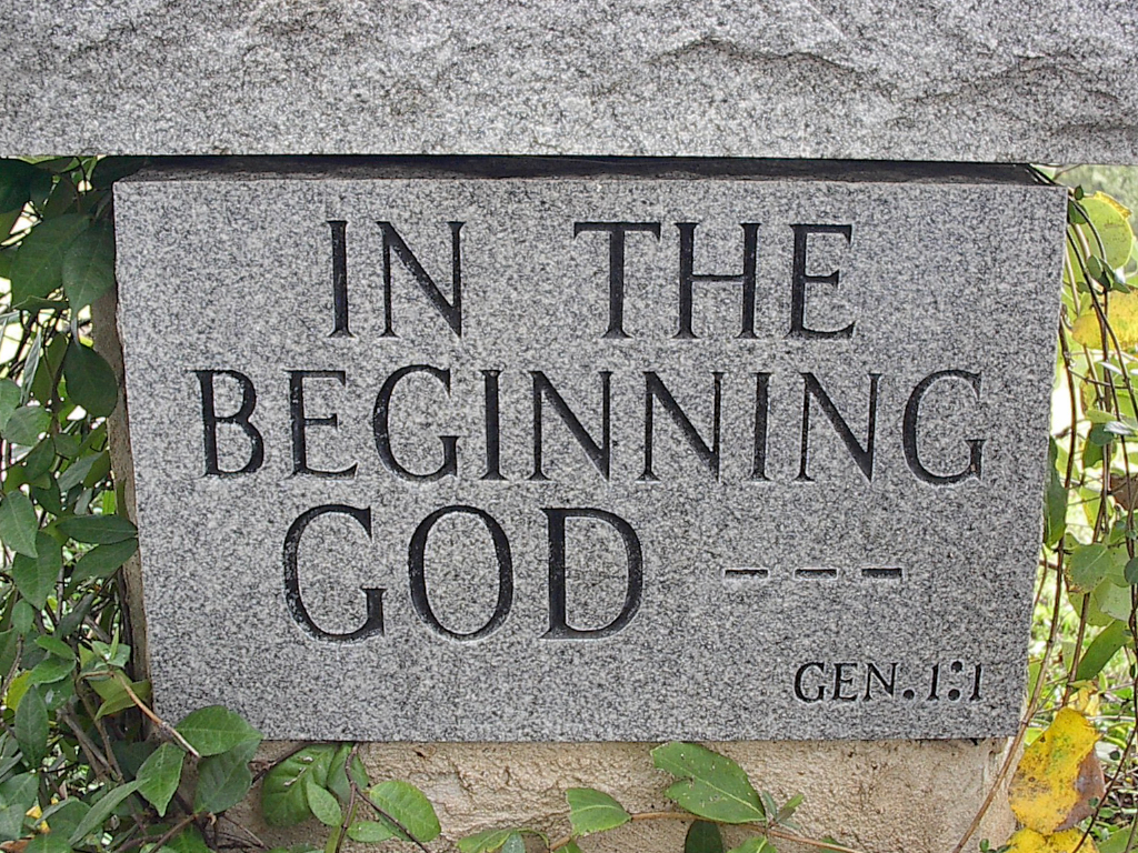 Stone inscribed "In the beginning God" -- Gen. 1:1