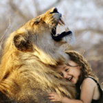 lion hugged by girl